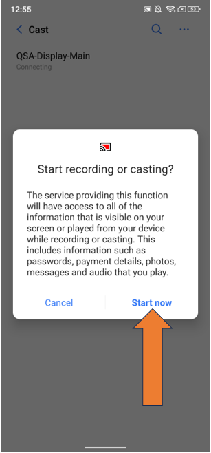 Screenshot of cast notification “Start now” selected