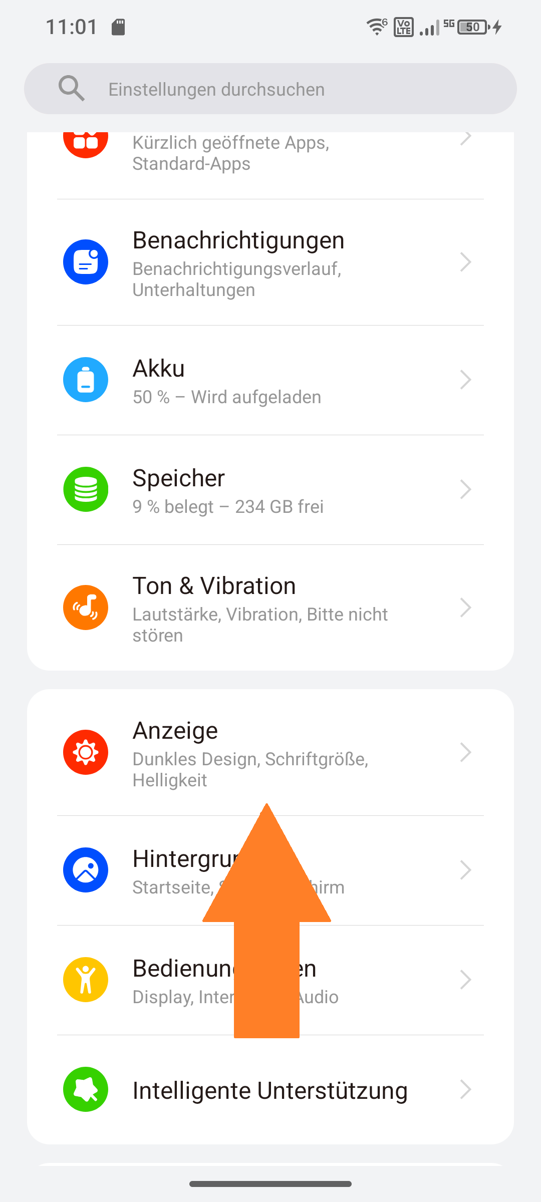 Screenshot von Einstellungen ‚‚Anzeige" ausgewählt