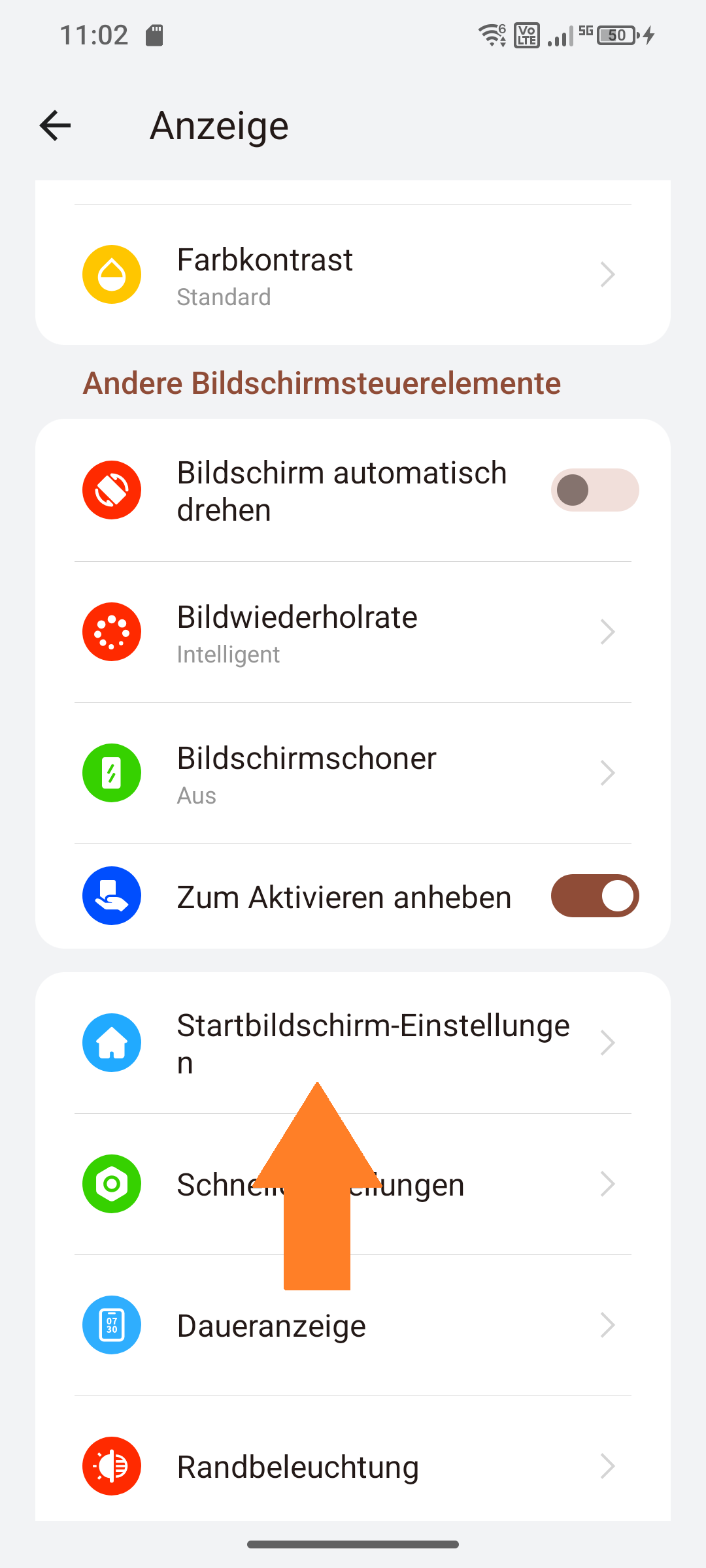 Screenshot von Anzeige ‚‚Startbildschirm-Einstellungen" ausgewählt