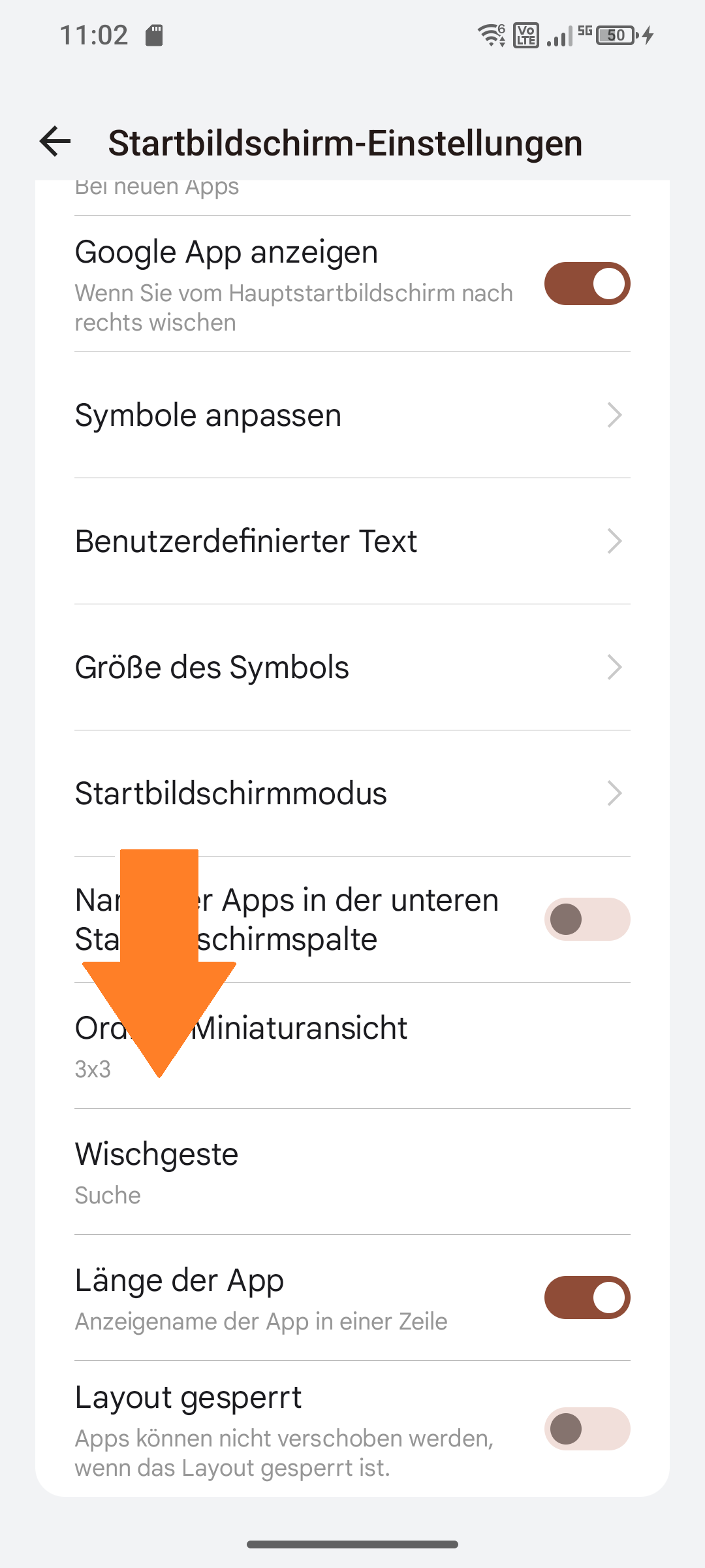 Screenshot von Startbildschirm-Einstellungen ‚‚Wischgeste" ausgewählt