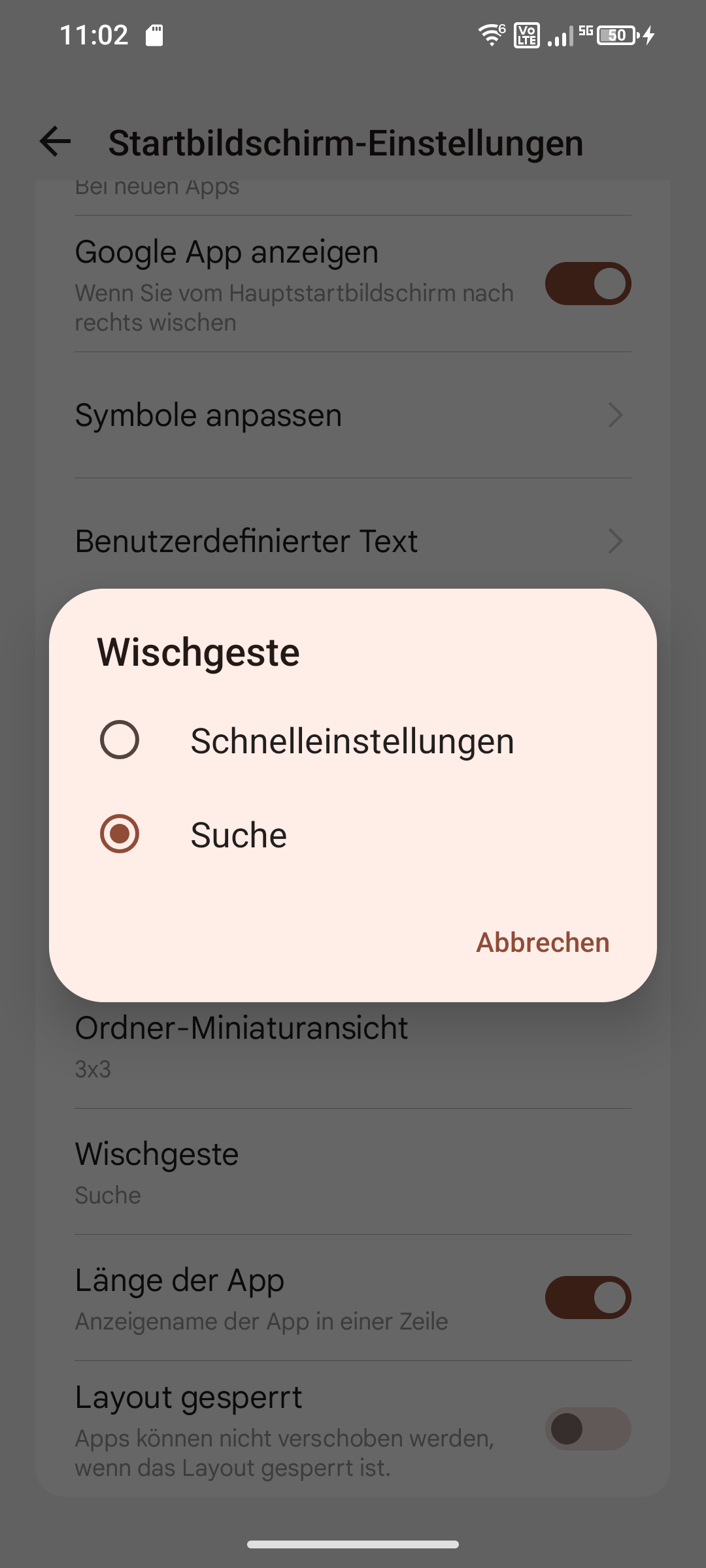 Screenshot von Wischgeste ‚‚Suche" ausgewählt