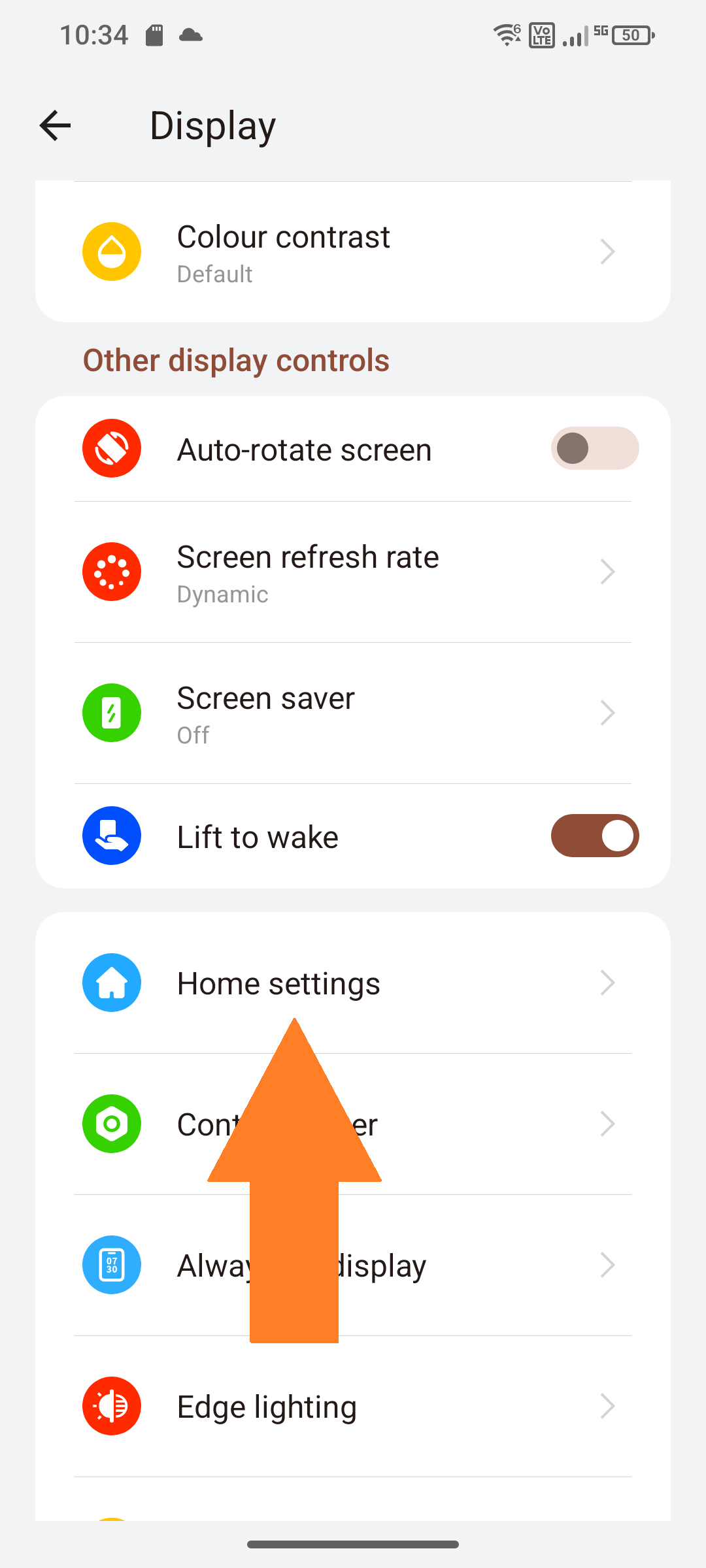 Screenshot of display “Home settings” selected