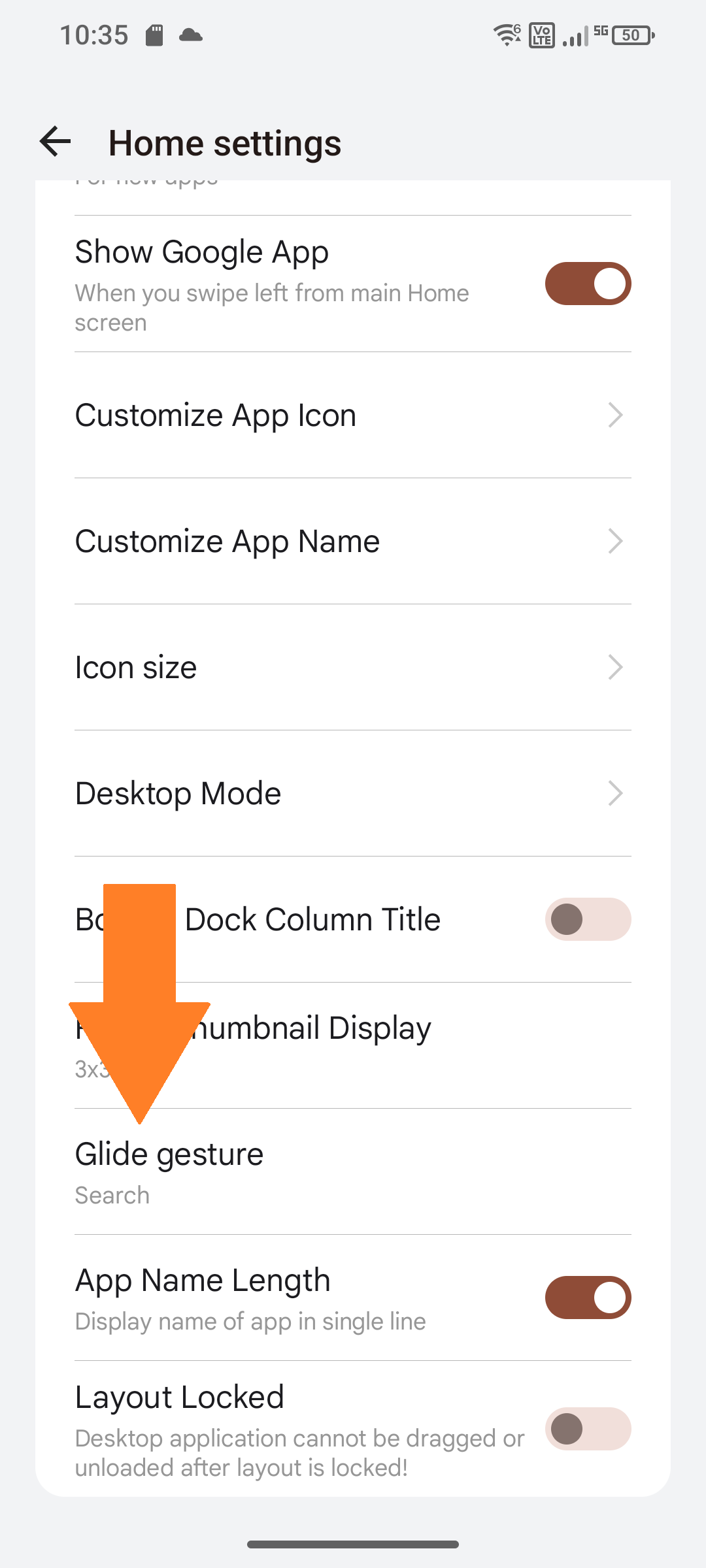 Screenshot of settings “Glide gesture” selected