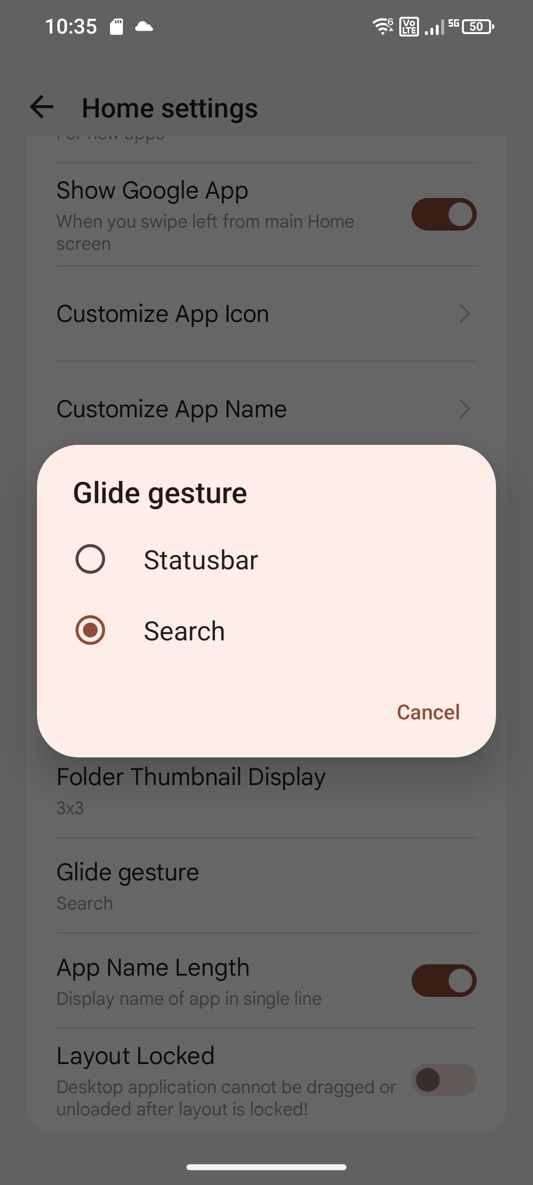 Screenshot of glide gesture “Search” selected