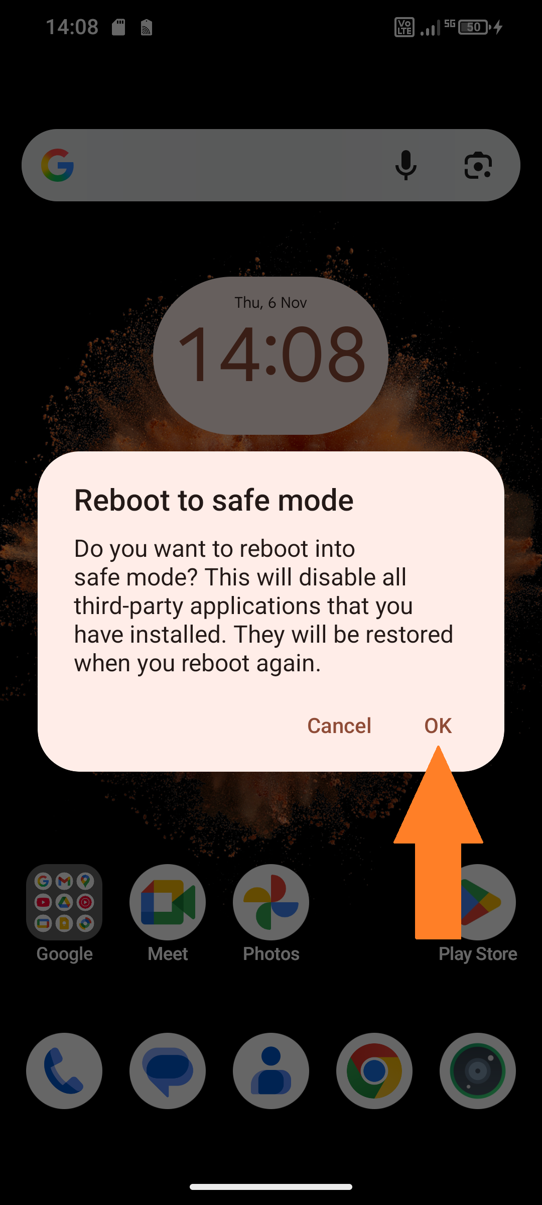 Screenshot of the message in Safe Mode Start “OK” selected