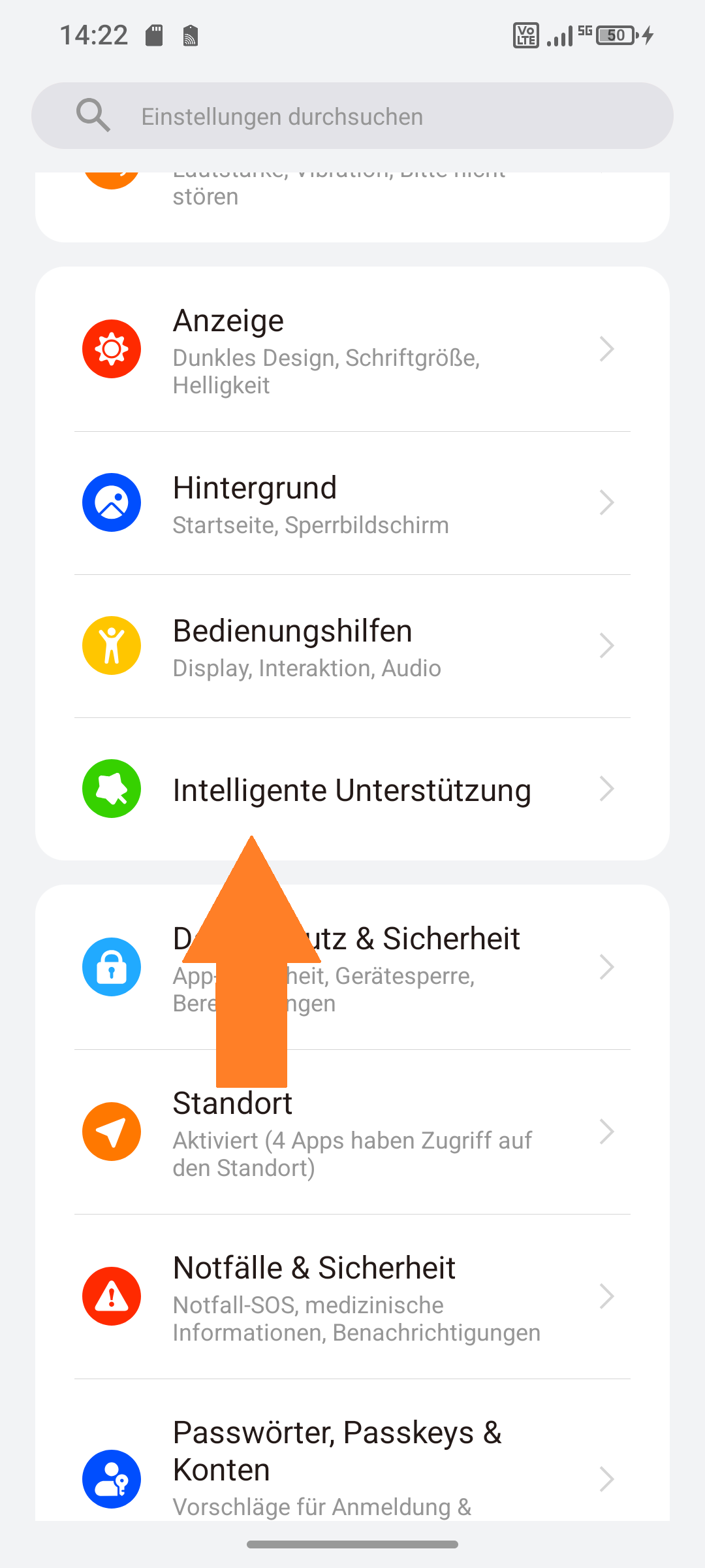Screenshot von Einstellungen ‚‚Intelligente Unterstützung" ausgewählt