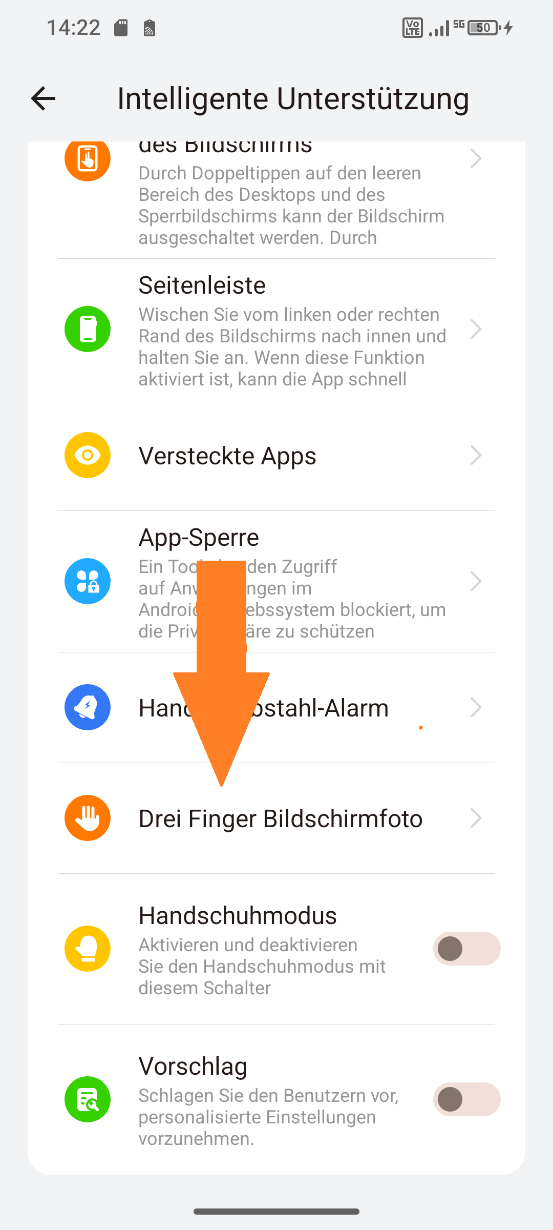 Screenshot von Intelligente Unterstützung ‚‚Drei Finger Bildschirmfoto" ausgewählt