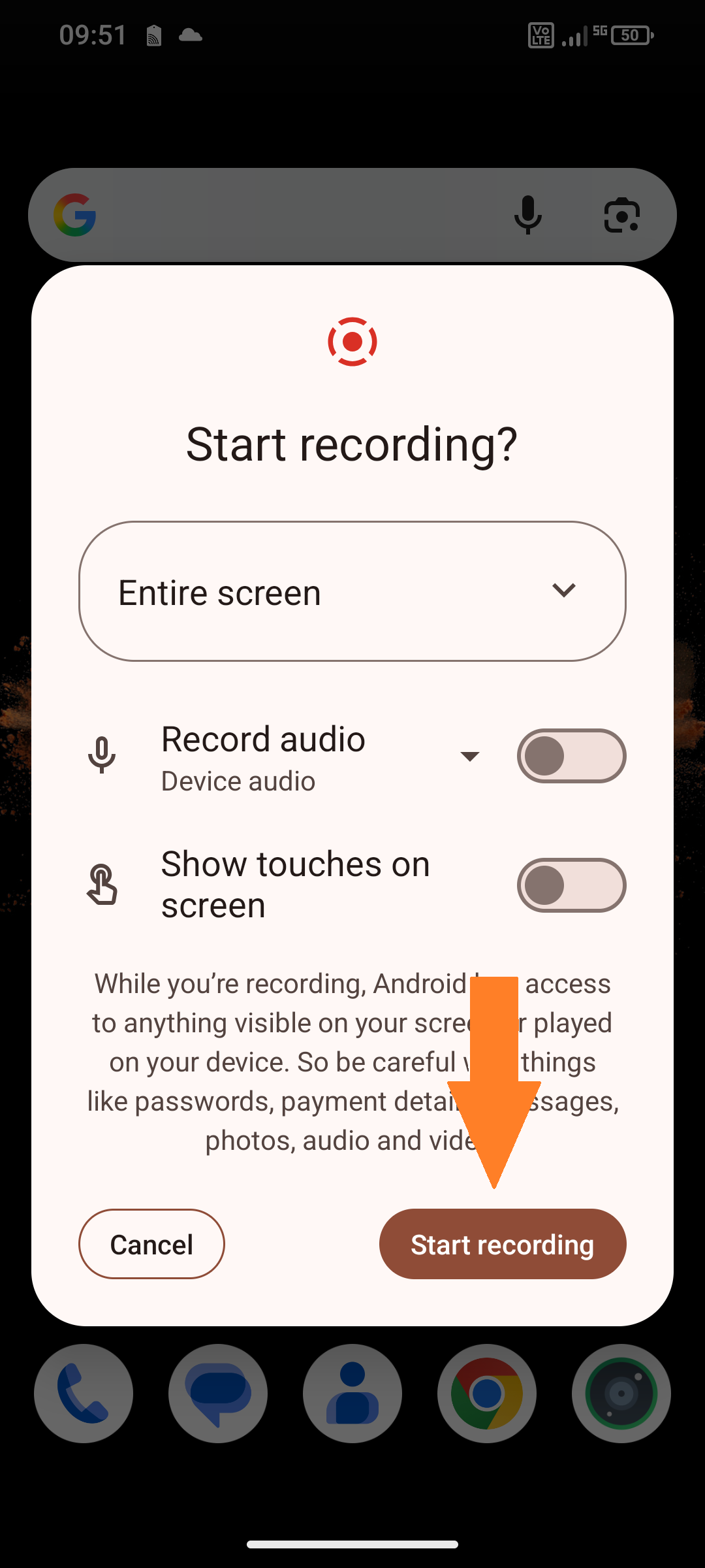Screenshot of the start screen with screen recording running, “start” selected