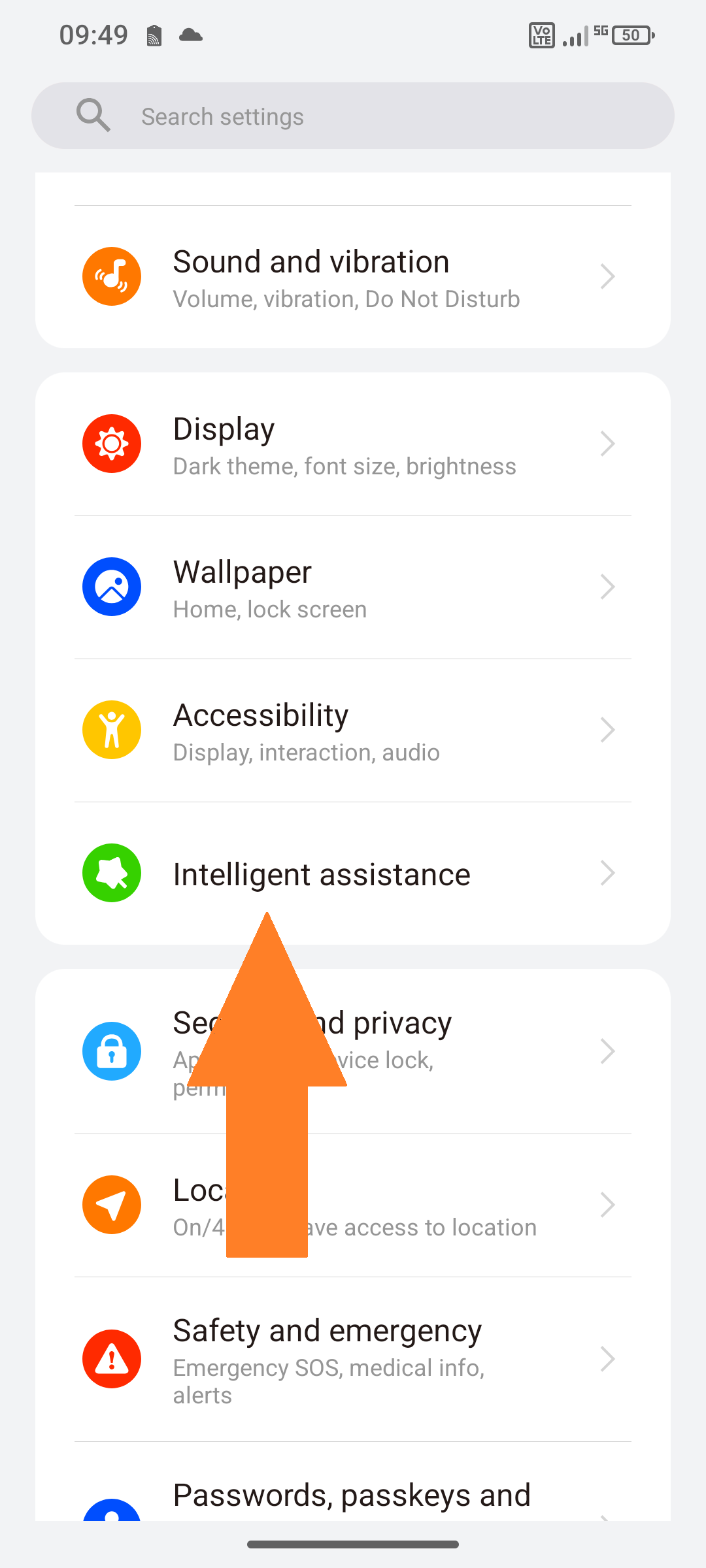 Screenshot of settings with “Intelligent Assistance” selected