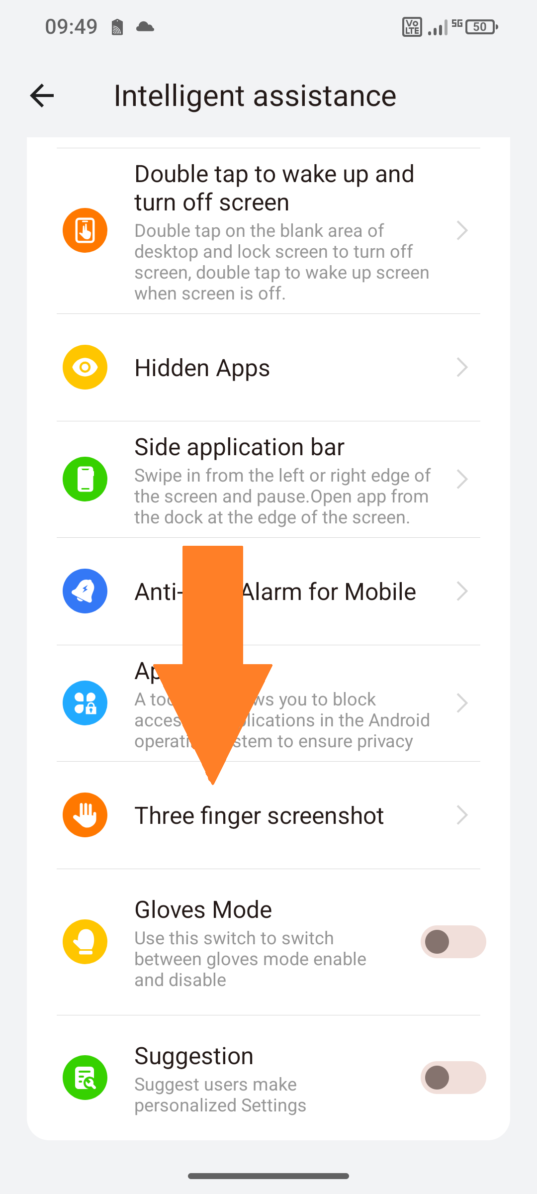 Screenshot of Intelligent assistance “Three-finger screenshot” selected