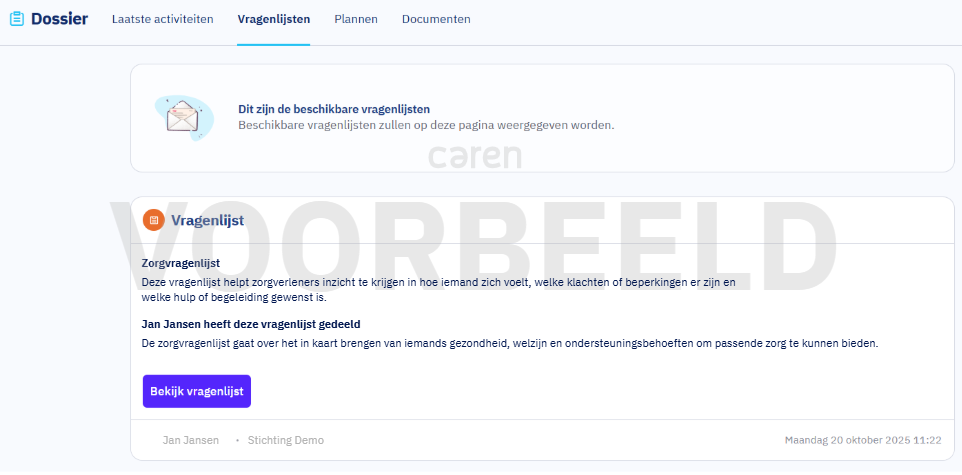 Tabblad Vragenlijsten met knop Bekijk vragenlijst