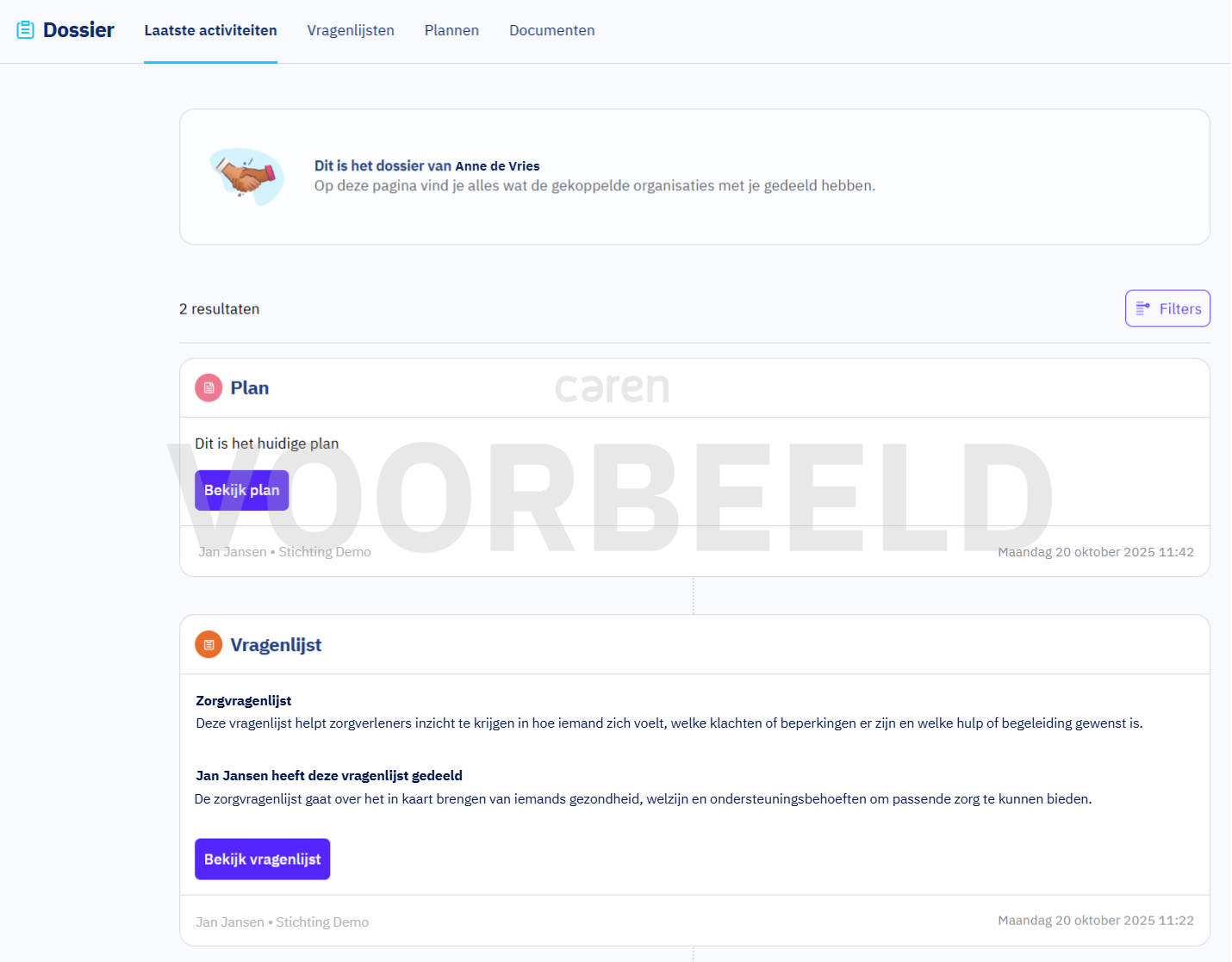Voorbeeld filter gebruiken in Laatste activiteit