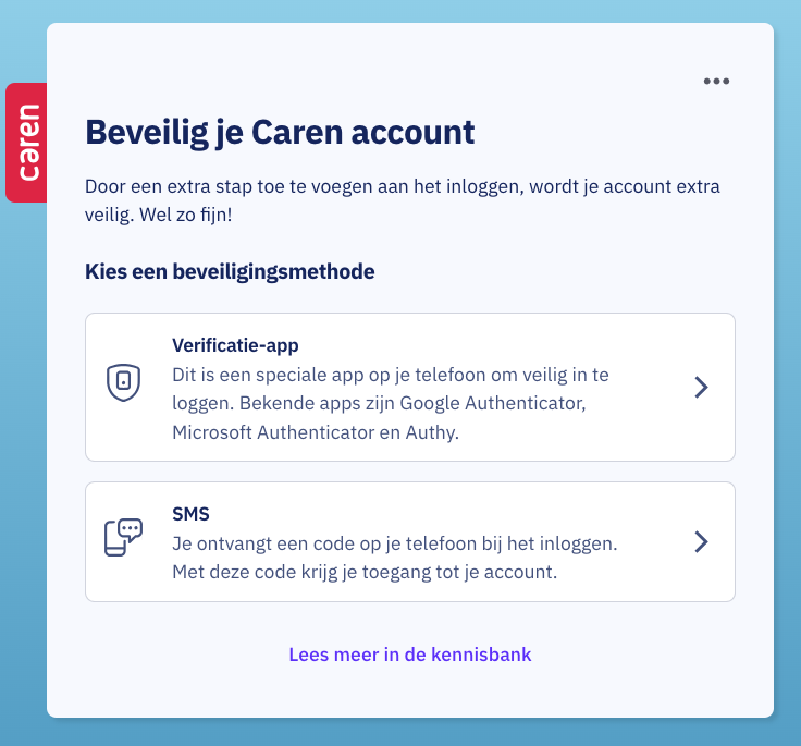 Beveilig je Caren-account: kies beveiligingsmethode