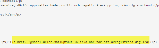 Bildtext: Exempel på kodning av e-postmall med avregistreringslänk.