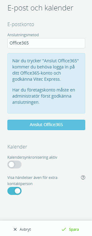 Bildtext: inställningar för e-post och kalender. Val av anslutningsmetod och knapp för kalendersynkning.