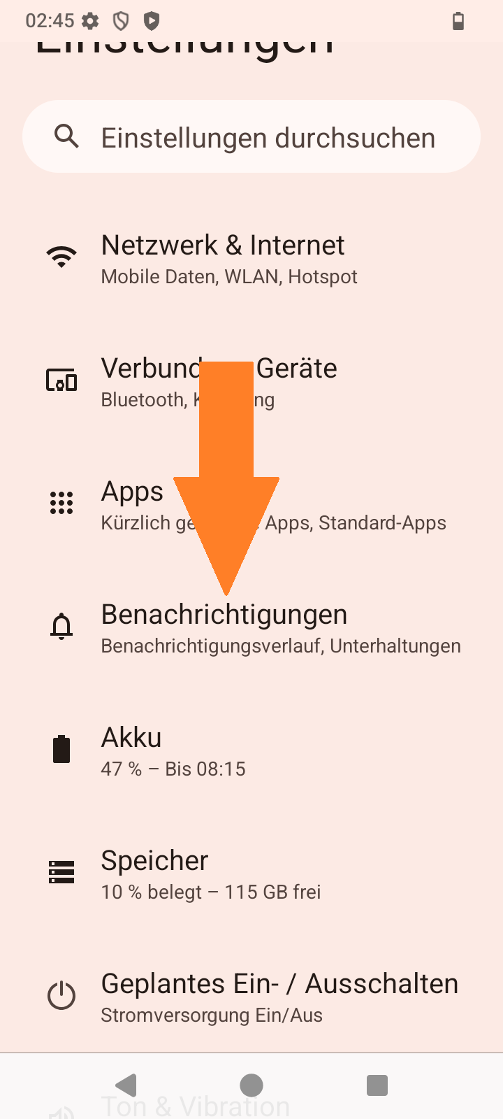 Screenshot von Einstellungen ‚‚Benachrichtigungen" ausgewählt