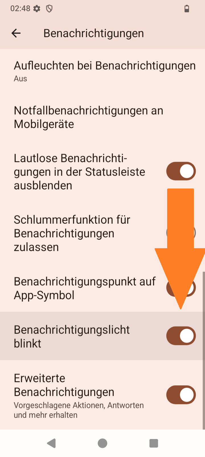 Screenshot von Benachrichtigungen ‚‚Benachrichtigungslicht blinkt" An/Aus