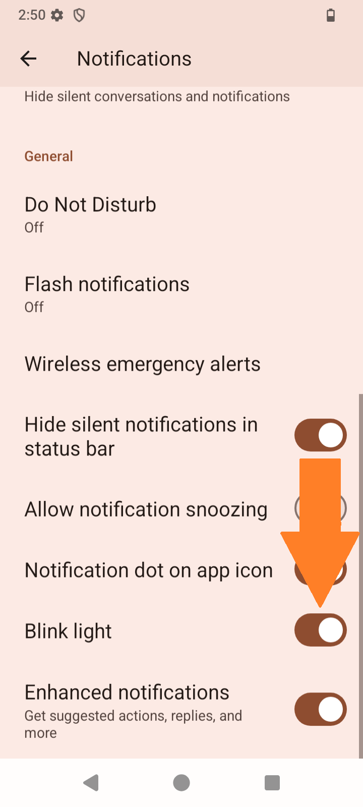 Screenshot of Notification ‚‚Blink light" selected