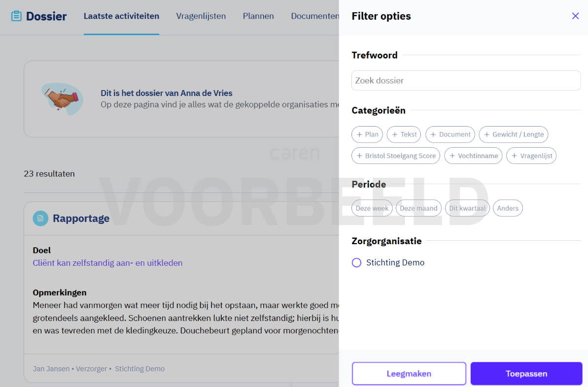 Filter op zorgorganisatie