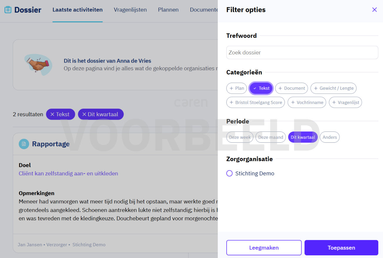 Filter toepassen of leegmaken