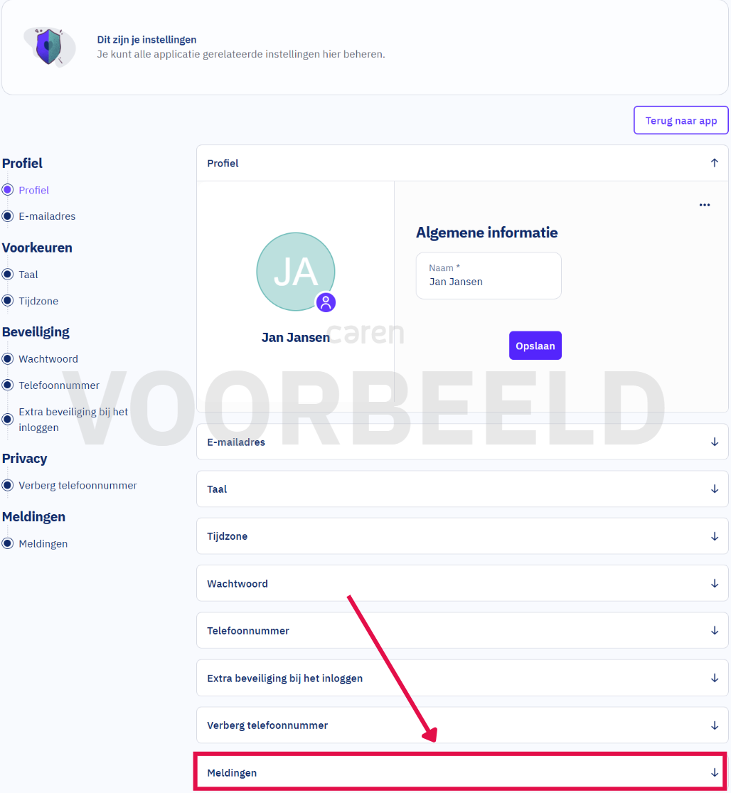 Meldingen openen in instellingen