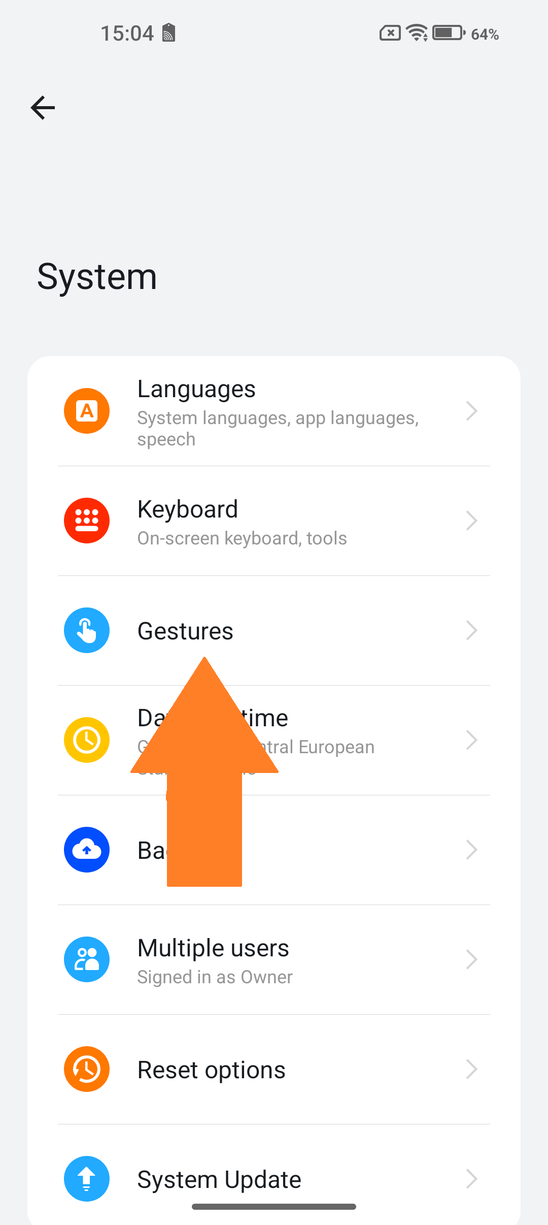 Screenshot of system with “Gestures” selected