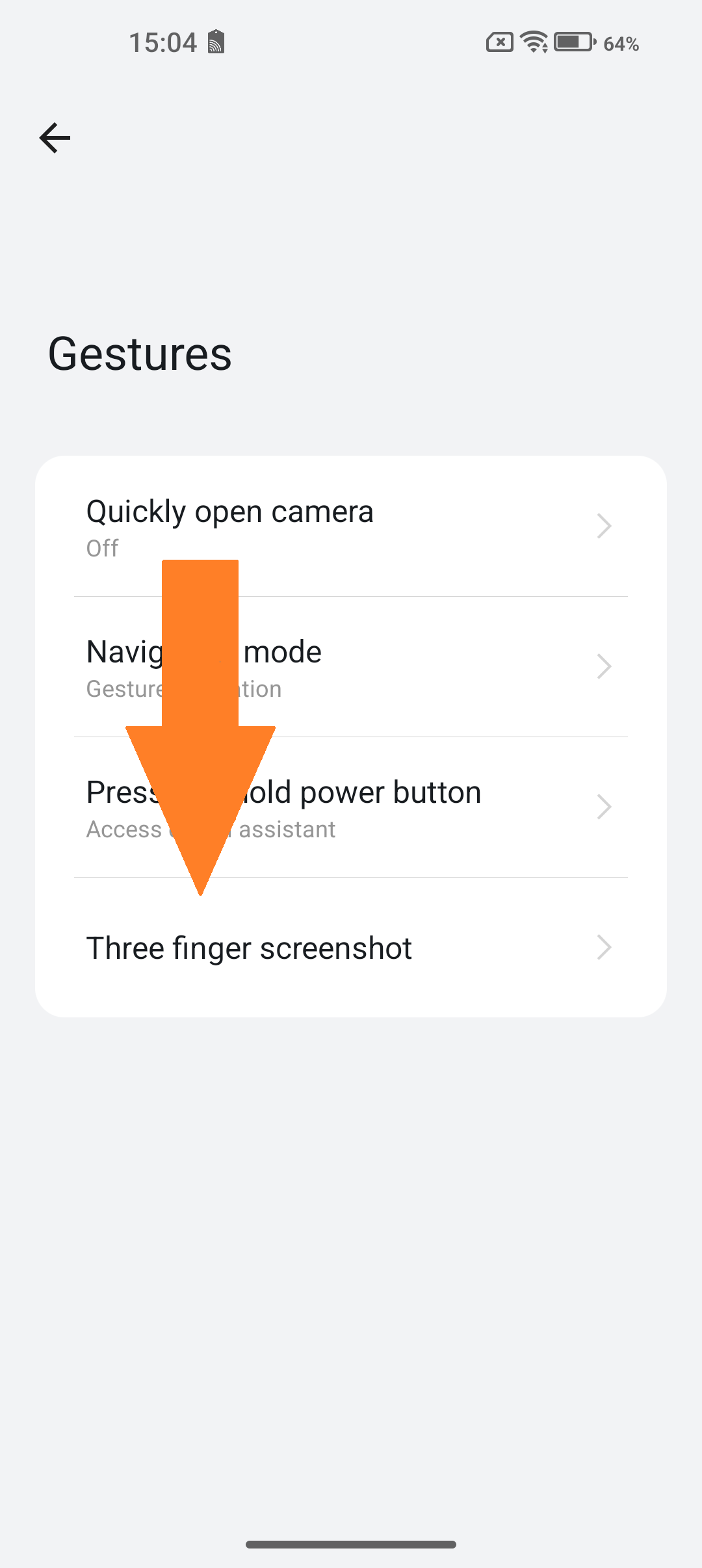 Screenshot of gestures “Three finger screenshot” selected