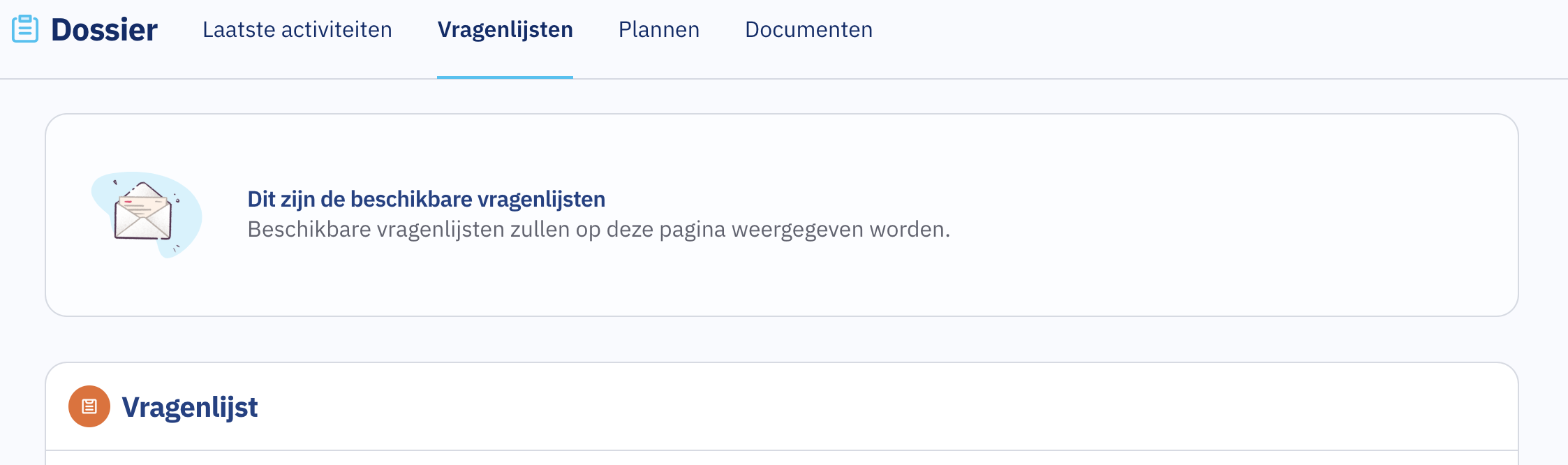 Tabblad vragenlijsten in Caren 3