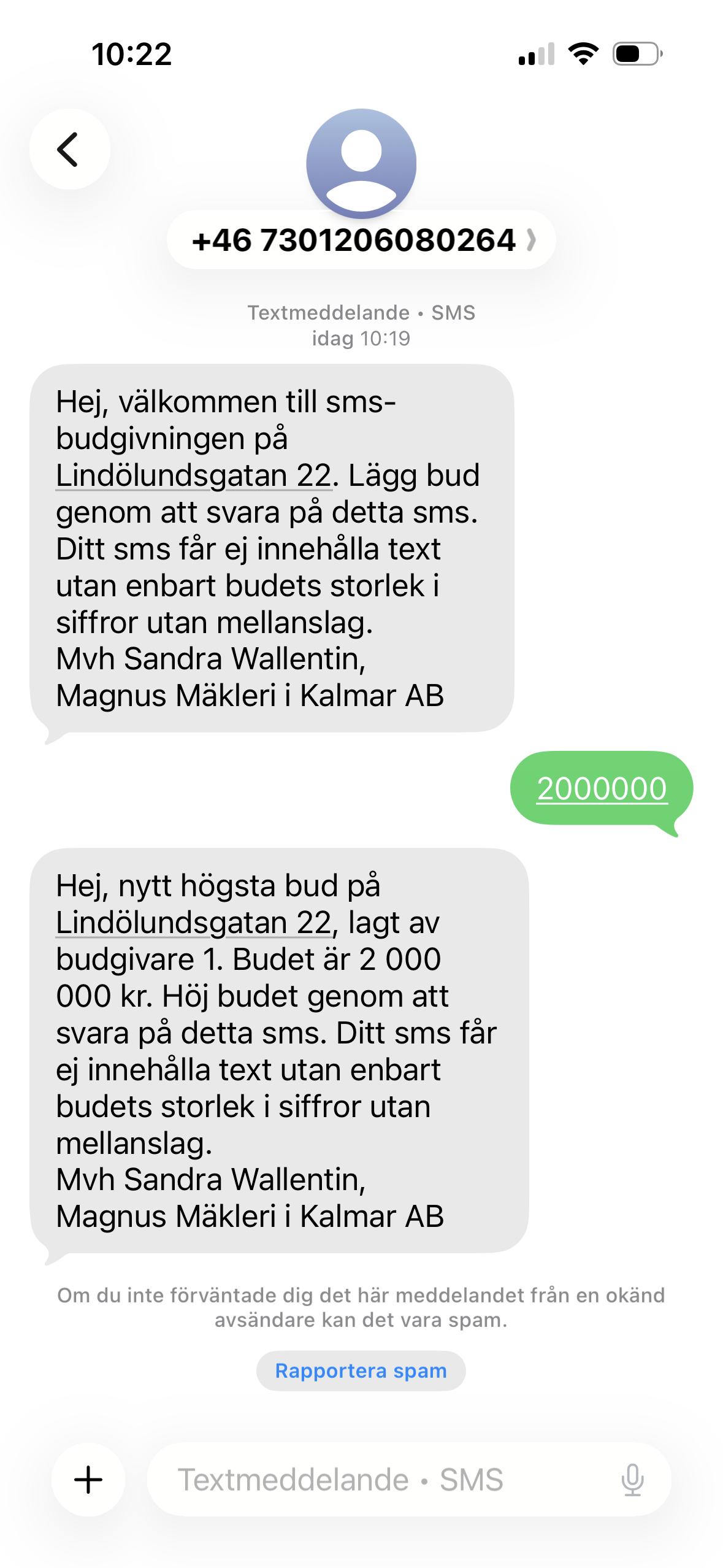 Bildtext: SMS som skickas ut i samband med sms-budgivning