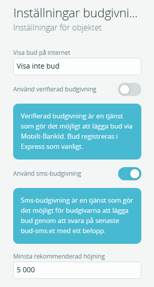 Bildtext: Gränssnittsvy över Inställningar budgivning. Visa bud på internet. Verifierad budgivning. Sms-budgivning.