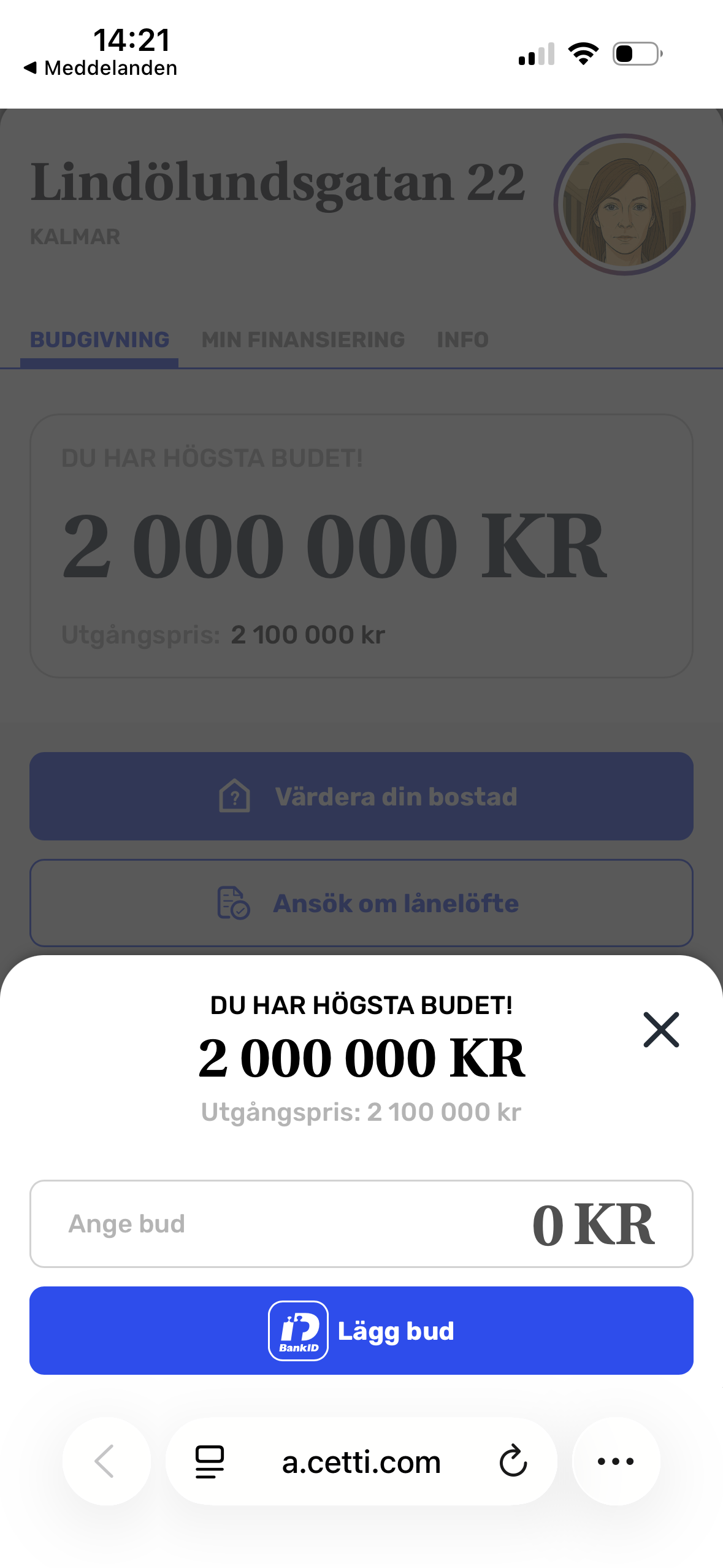 Bildtext: Gränssnittet där man lägger bud med bankID.