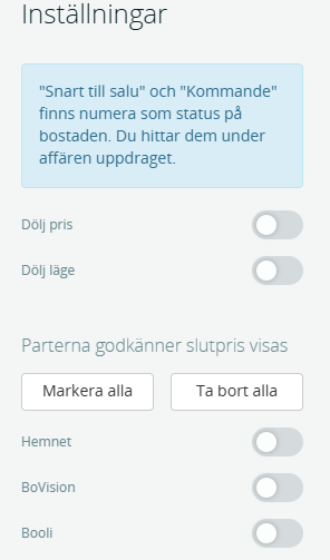 Bildtext: Inställningar för att dölja pris eller läge samt godkänna slutprisöverföring.