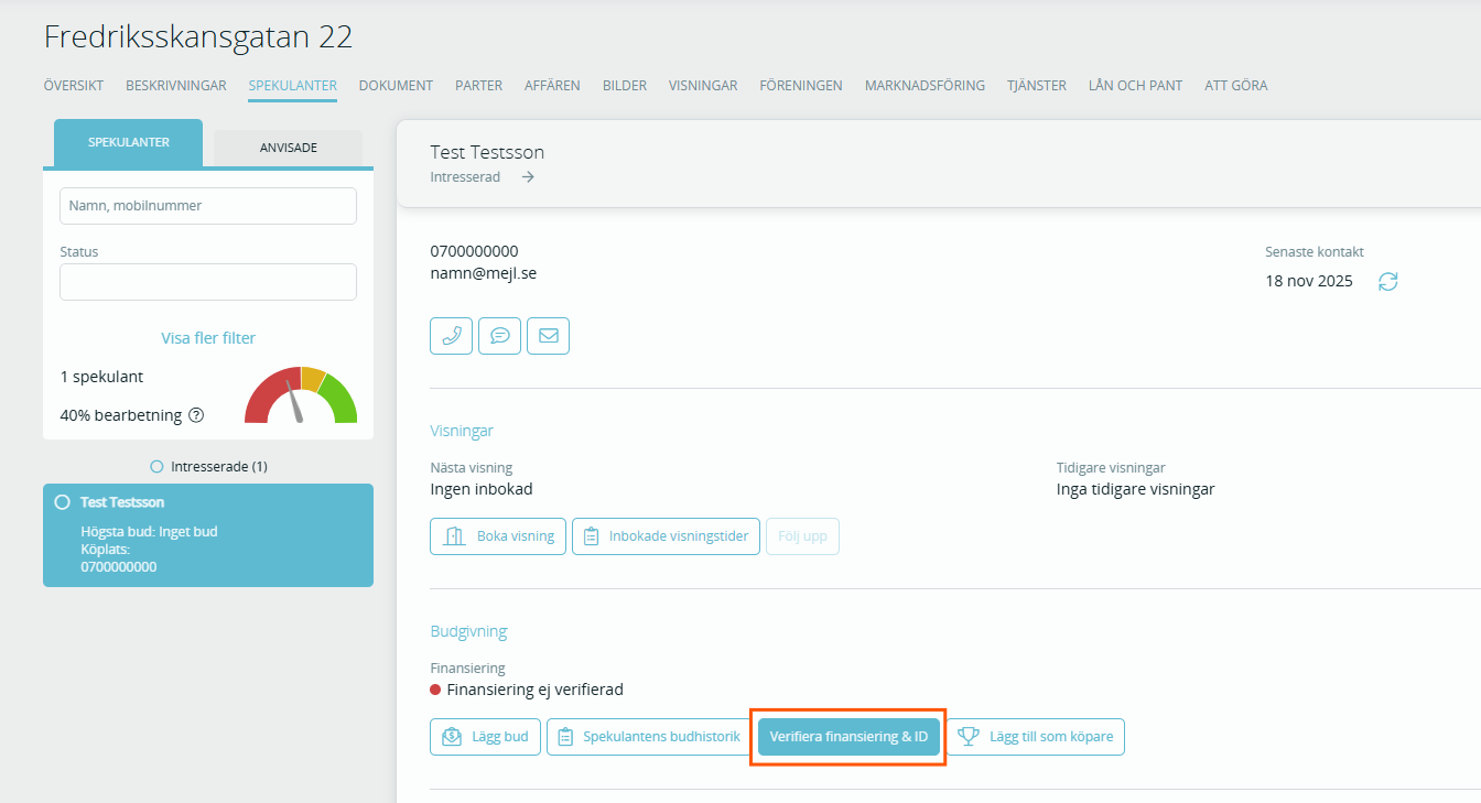Bildtext: Gränssnittsvy över kontakten i spekulantfliken. En ruta markerar knappen Verifiera finansiering & ID.