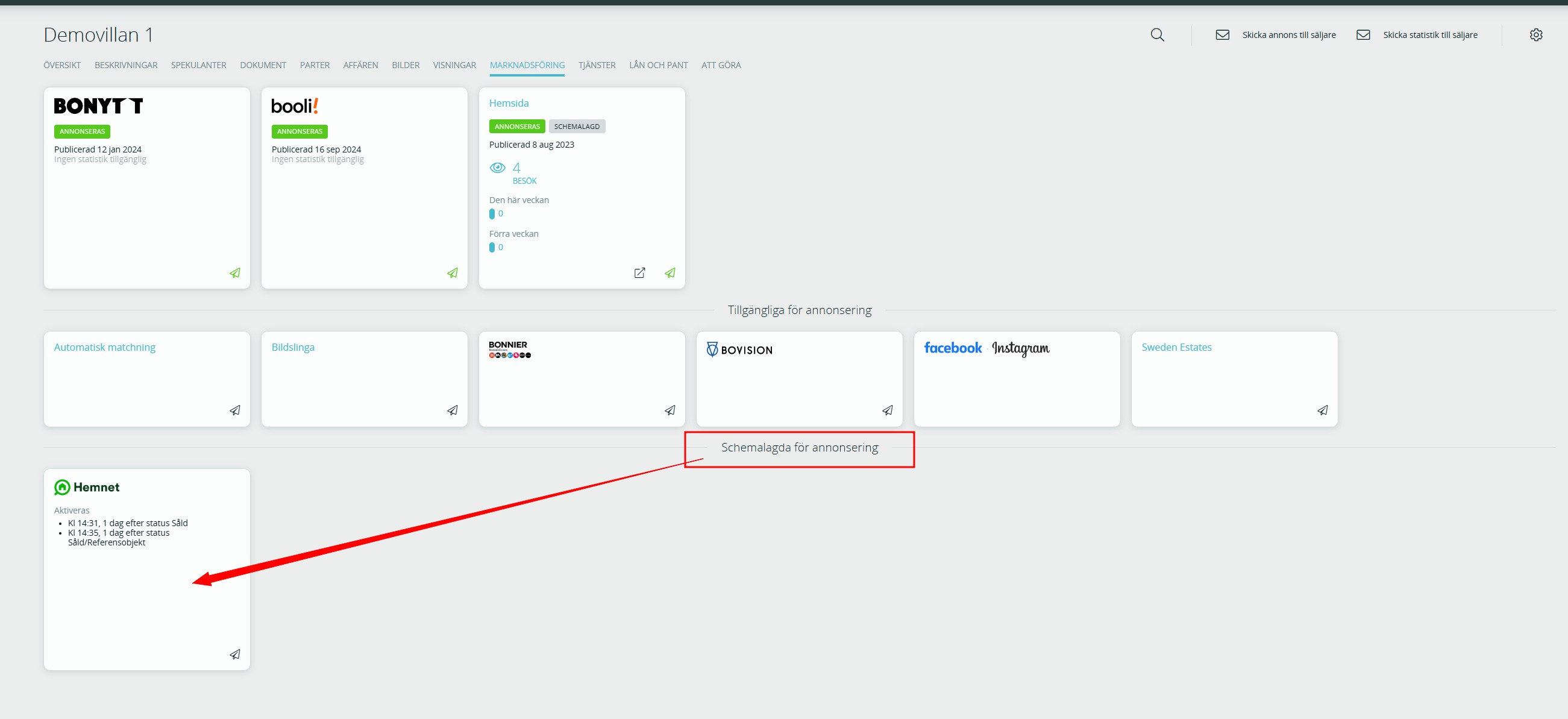 Bildtext: Gränssnittsvy över den schemalagda annonseringen på fliken Marknadsföring för objektet.