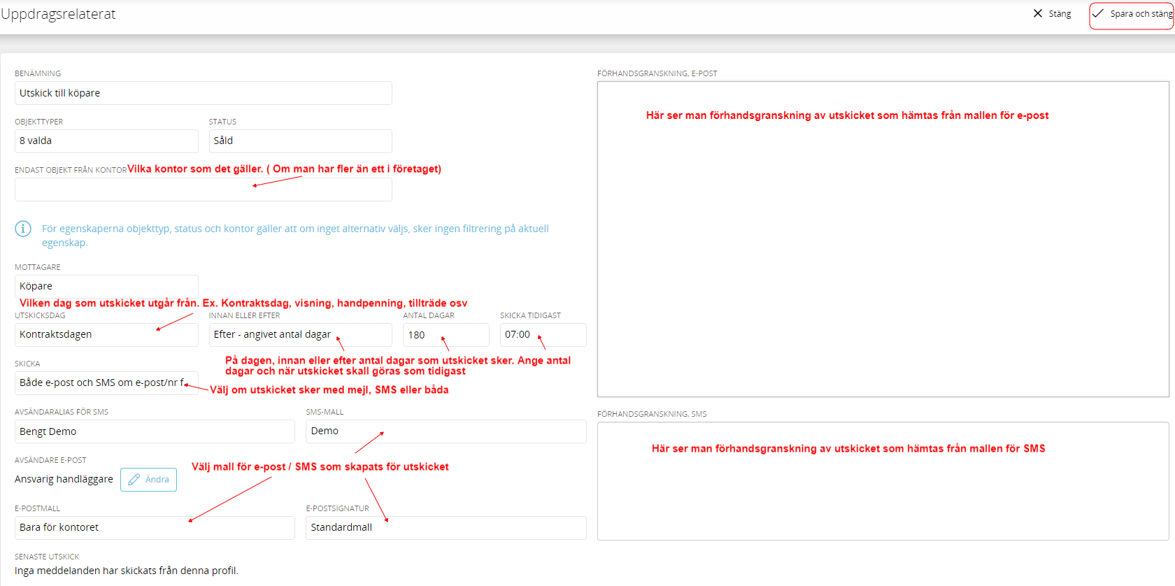 Bildtext: Gränssnittsvy över funktionen automatiskt utskick. Alla tillgänliga inställningar visas.