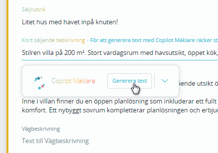 Bildtext: Gränssnittsvy över säljrubrik och kort säljande beskrivning när Copilot Mäklare är aktiverat på objektet.