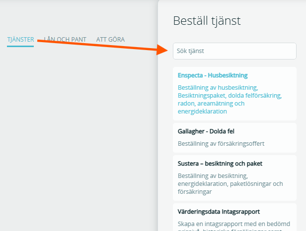 Bildtext: Gränssnittsvy över fliken Tjänster och Beställ tjänst. Visar en sökruta och aktiverade tjänster för kontoret.