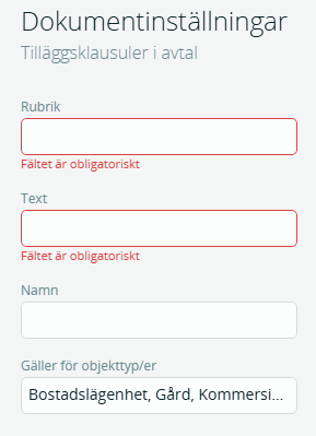 Bildtext: Gränssnittsvy över dokumentinställningar för tilläggsklausuler i avtal. Lägga till ny klausul. Rubrik, text, namn och objekttyper.