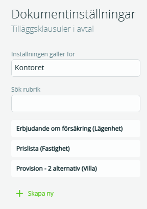 Bildtext: Gränssnittsvy över dokumentinställningar för tilläggsklausuler i avtal