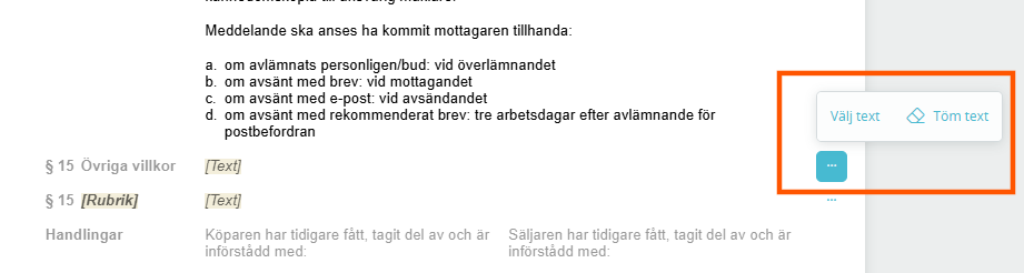 Bildtext: Gränssnittsvy över var i dokumentet du lägger till tilläggsklausuler i avtalet
