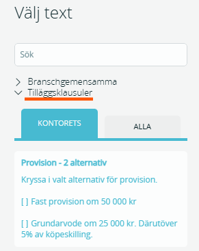 Bildtext: Gränssnittsvy över vilka tilläggsklausuler som går att välja i avtal