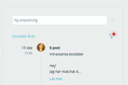 Bildtext: Gränssnittsvy över händelseloggen på kontaktkortet. Filtrerad på att enbart visa e-post. 