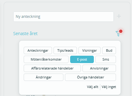 Bildtext: Gränssnittsvy över händelsloggen, filtrerad på e-post.