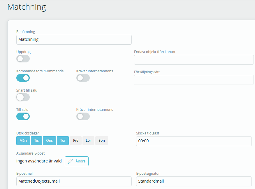 Bildtext: Gränssnittsvy över inställningarna för automatiska matchningsutskick.