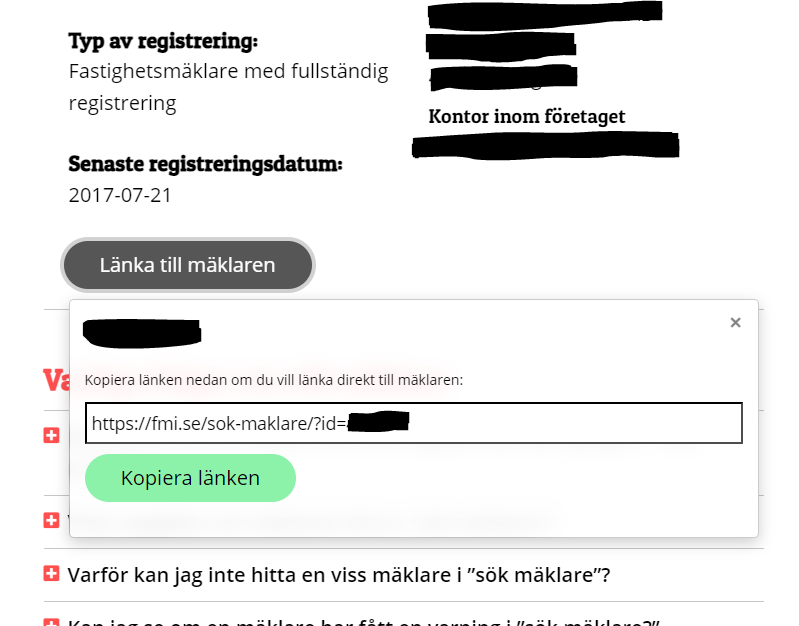 Bildtext: Gränssnittsvy över FMI:s söktjänst och länken du ska bifoga till Tamburs support.