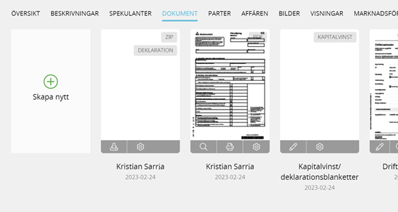 Bildtext: Gränssnittsvy över fliken dokument och exempel på hur zip-filen gällande deklarationen ser ut.