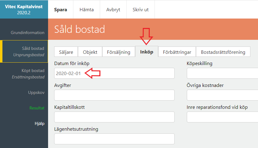 Bildtext: gränssnittsvy över kapitalvinstberäkningen. Pilarna markerar var man fyller i och kontrollerar inköpsdatum för ursprungsbostaden.