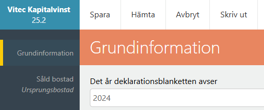 Bildtext: Gränssnittsvy över kapitalvinstberäkningen och det år deklarationsblanketten avser.