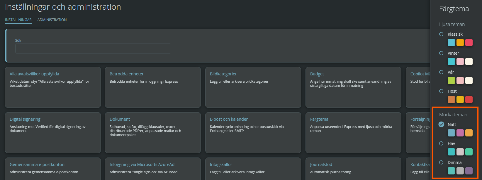 Bildtext: Gränssnittsvy över inställningarna för färgtema på gränssnittet. Markering för vilka mörka teman som finns.