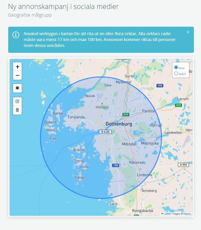 Bildtext: Gränssnittsvy över inställningarna för en annonskampanj i sociala medier. Geografisk målgrupp väljs genom att markera en radie på kartan om minst 17 km.